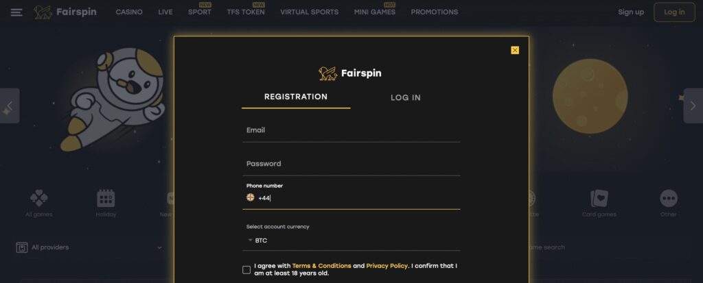 Регистрационная форма Fairspin